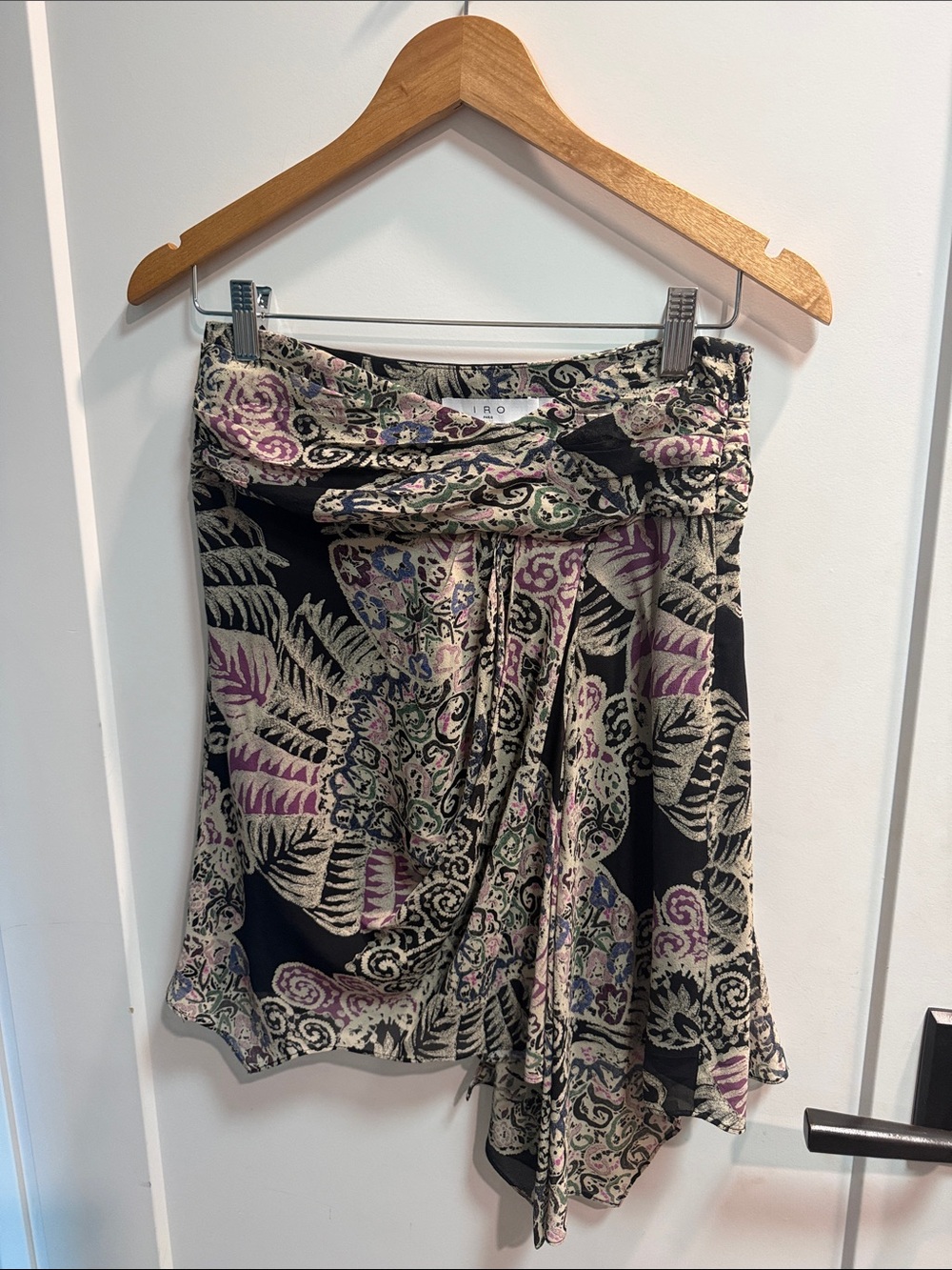 IRO Black Asymmetrical Floral Draped Skirt with Lavender and Cream